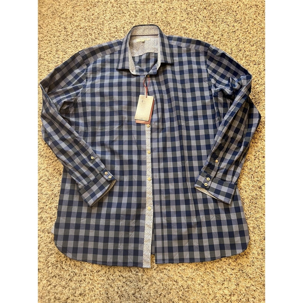 Ted Baker‎ New Mens  Shirt Button Up Modern Fit Blue Plaid Sz 17.5 34/35 Cotton